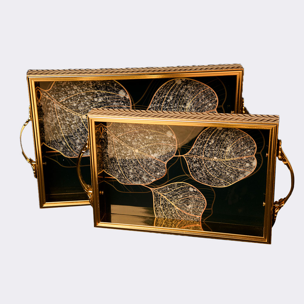 صحون-تقديم-ذهبي-مربع طقم صحون تقديم ذهبي مشجر - الصورة 1