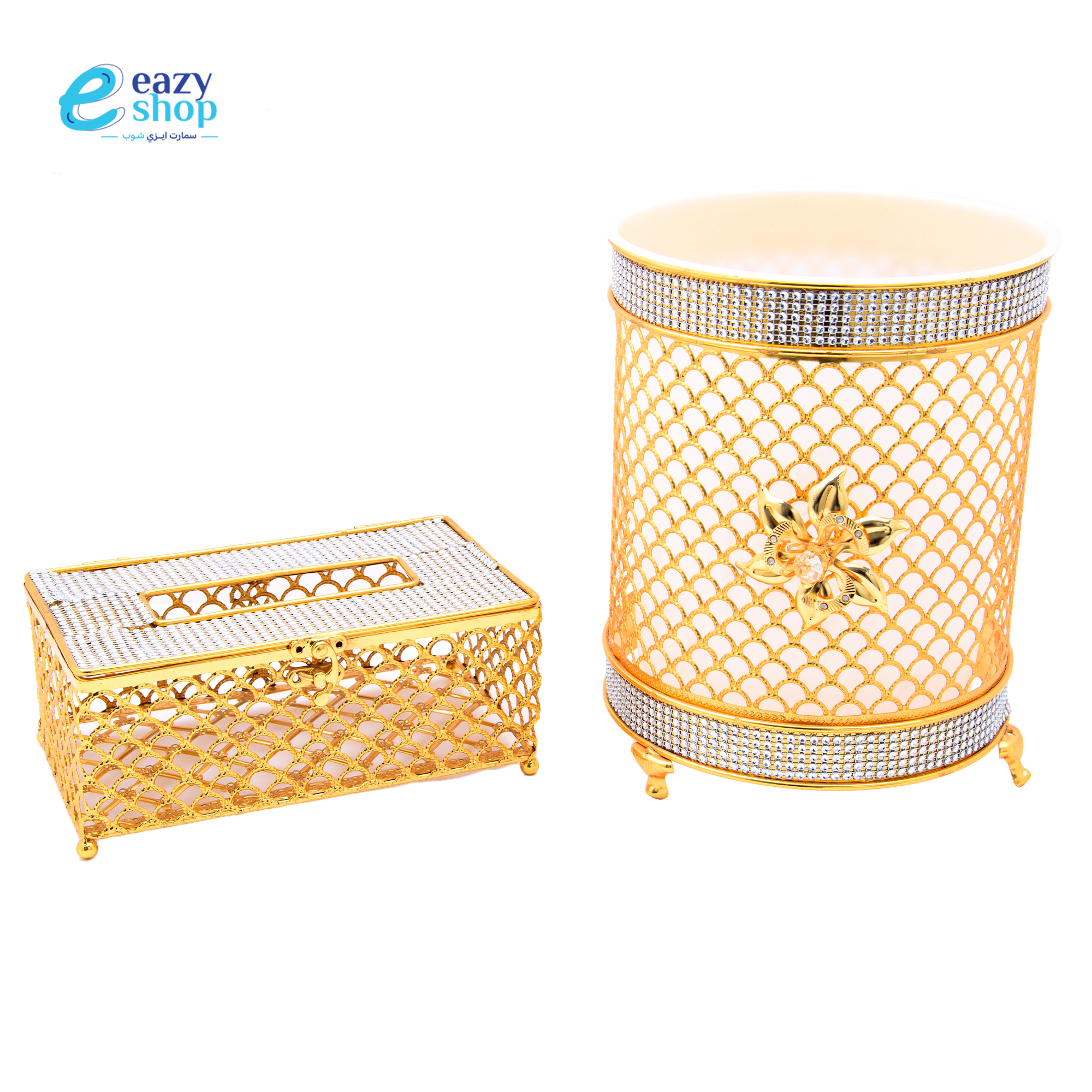 طقم-علبة-فاين-وسلة-زبالة3 طقم سلة ذهبي مع علبة المناديل - الصورة 1